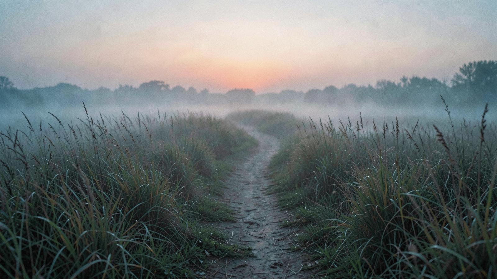 A path through a misty meadow at dawn